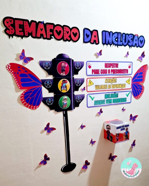 semáforo da inclusão,semana nacional da pessoa com deificiência intectual e múltipla, painel semana da educação especial,Inclusão, Respeito, Diversidade, Acessibilidade, Autonomia, Conscientização, Apoio, Direitos, Valorização, Potencial.