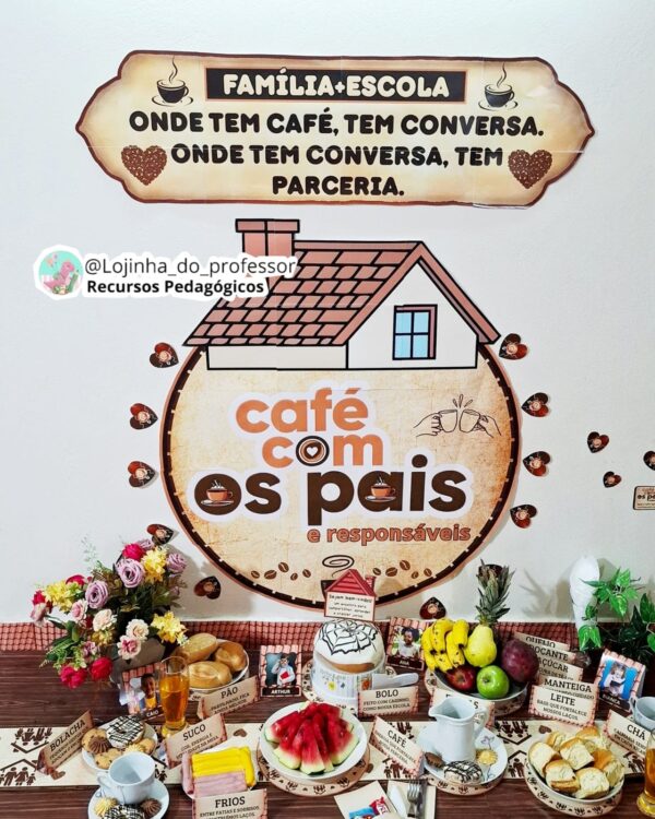 Painel e kit completo para acolhimento de pais e responsáveis, incluindo plaquinhas, porta mimo, jogo americano e textos de diálogo.
