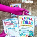 Material pedagógico com arte para sacola das férias, decoração da sala, orientações para famílias e dinâmica de retorno à escola.