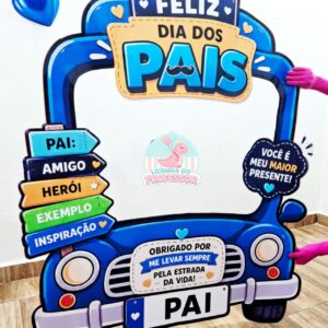 Material digital em PDF com totem para fotos em formato de carro, ideal para criar um cenário divertido e registrar momentos especiais no Dia dos Pais.
